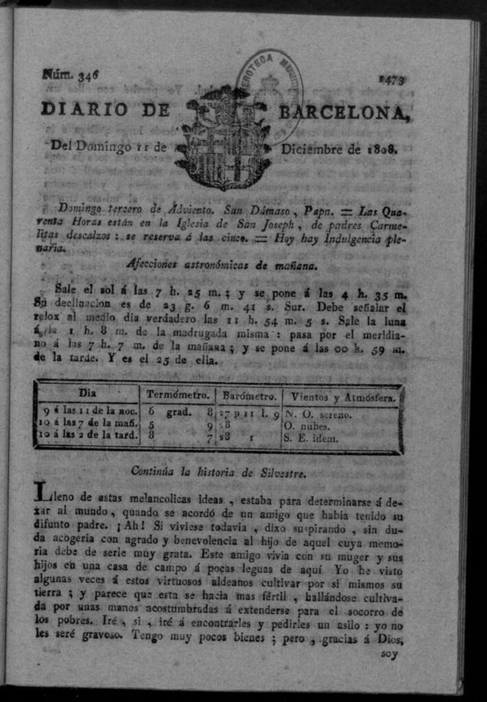 Miniatura de Diario de Barcelona del domingo 11 de diciembre de 1808