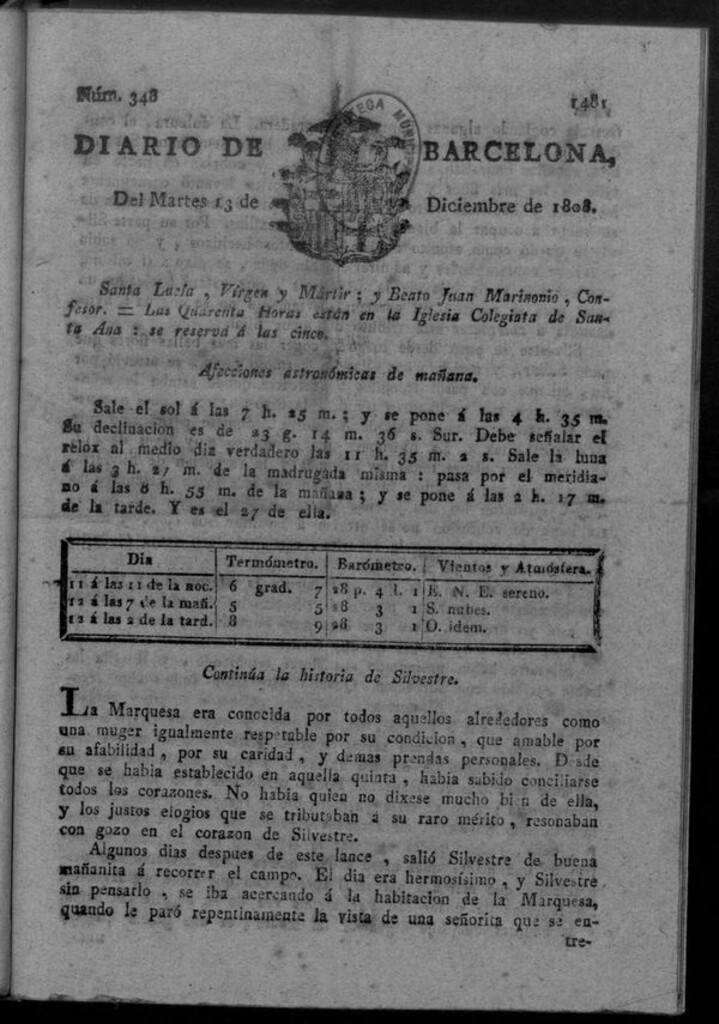 Miniatura de Diario de Barcelona del martes 13 de diciembre de 1808