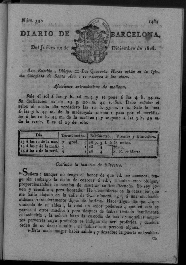 Miniatura de Diario de Barcelona del jueves 15 de diciembre de 1808