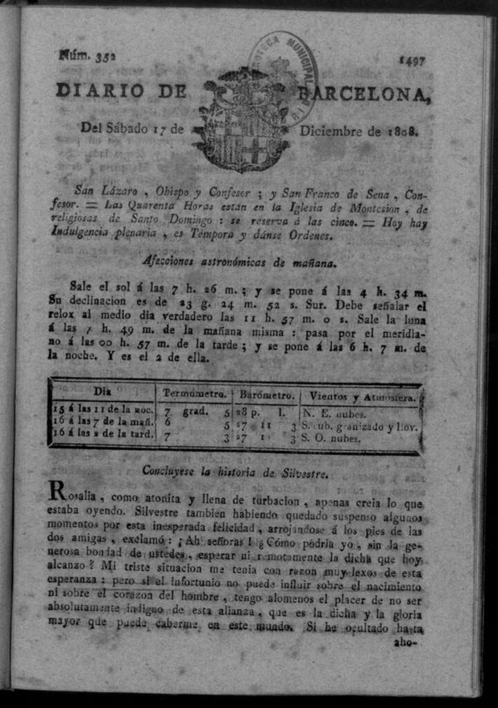Miniatura de Diario de Barcelona del sábado 17 de diciembre de 1808