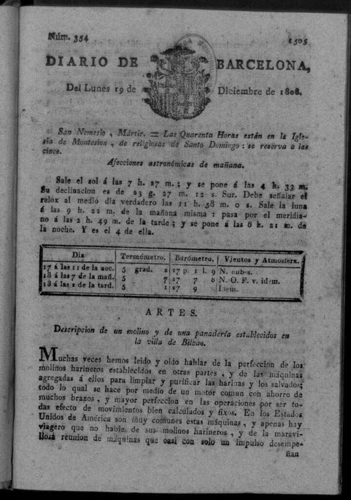Miniatura de Diario de Barcelona del lunes 19 de diciembre de 1808