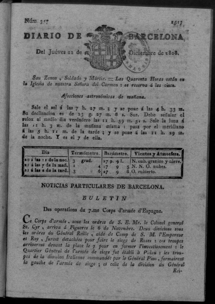 Miniatura de Diario de Barcelona del jueves 22 de diciembre de 1808