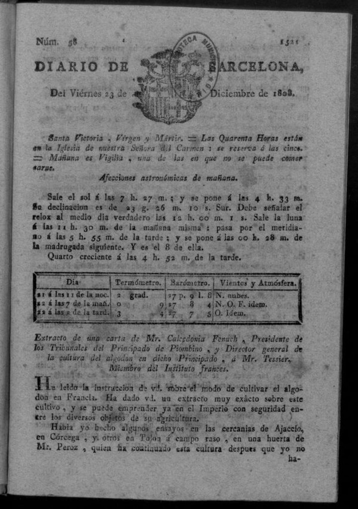Miniatura de Diario de Barcelona del viernes 23 de diciembre de 1808