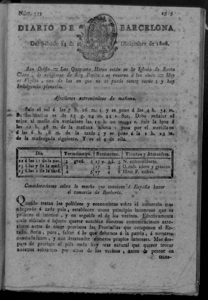 Miniatura de Diario de Barcelona del sábado 24 de diciembre de 1808