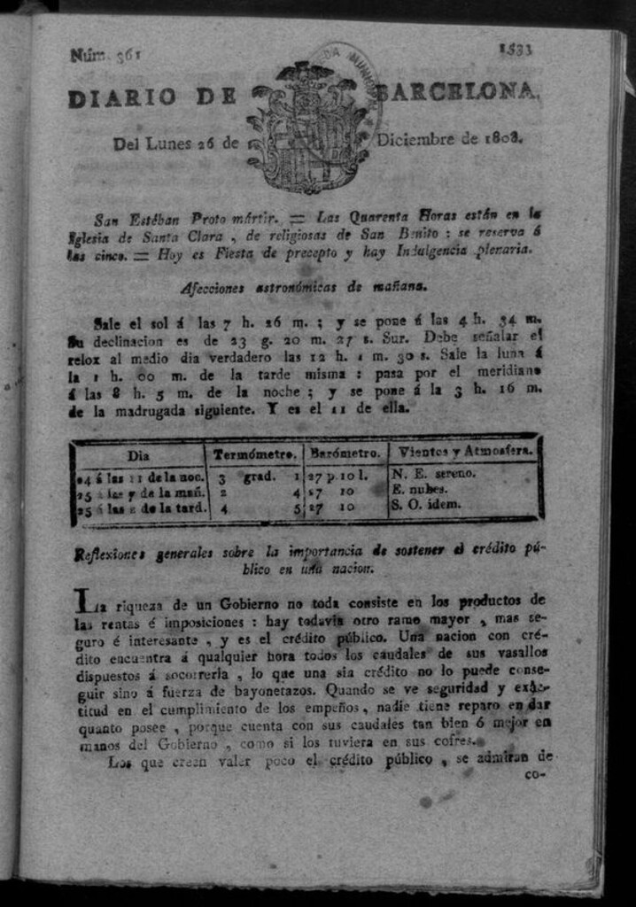Miniatura de Diario de Barcelona del lunes 26 de diciembre de 1808