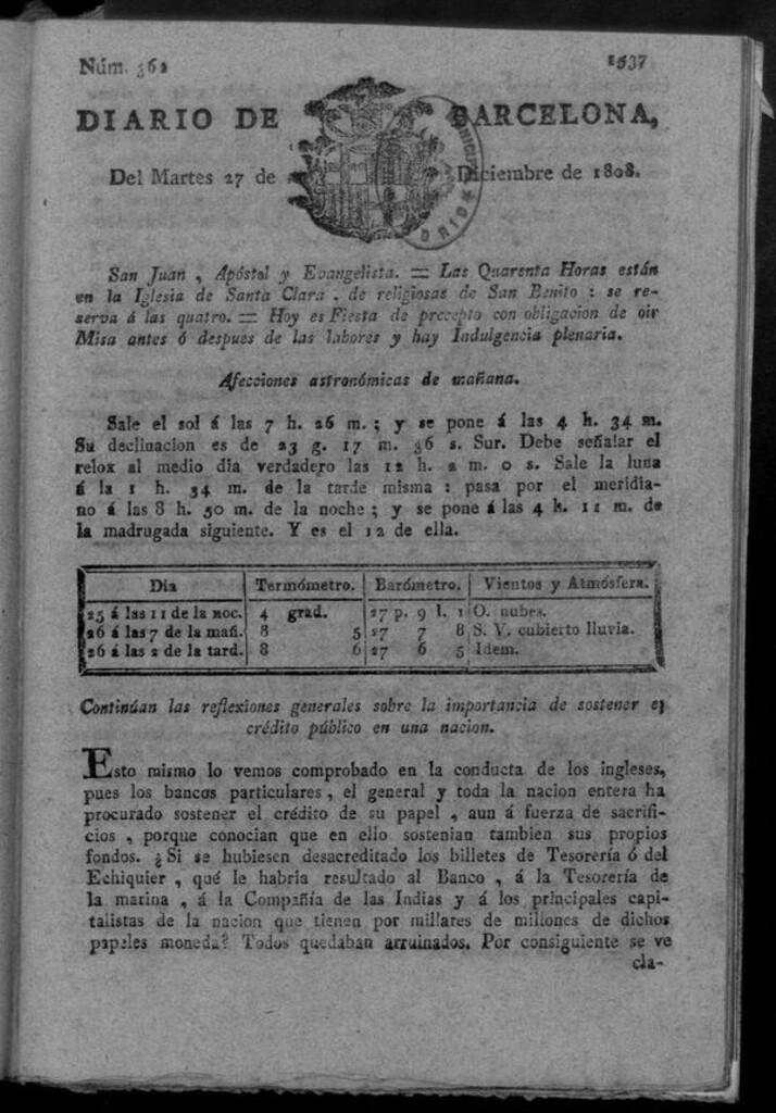 Miniatura de Diario de Barcelona del martes 27 de diciembre de 1808