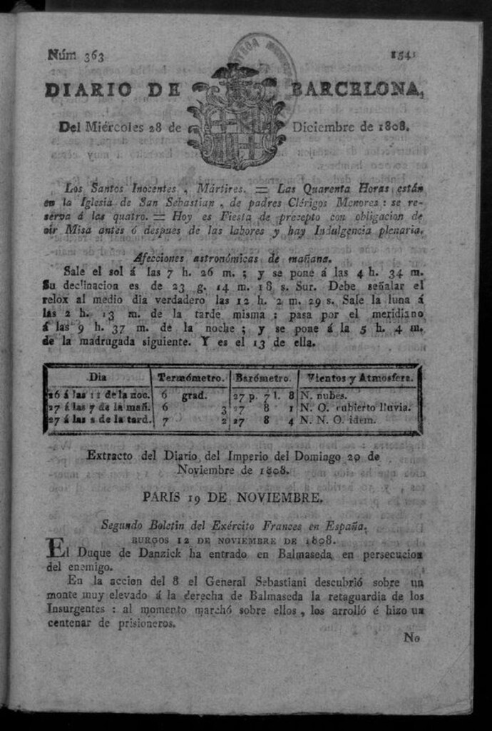 Miniatura de Diario de Barcelona del miércoles 28 de diciembre de 1808