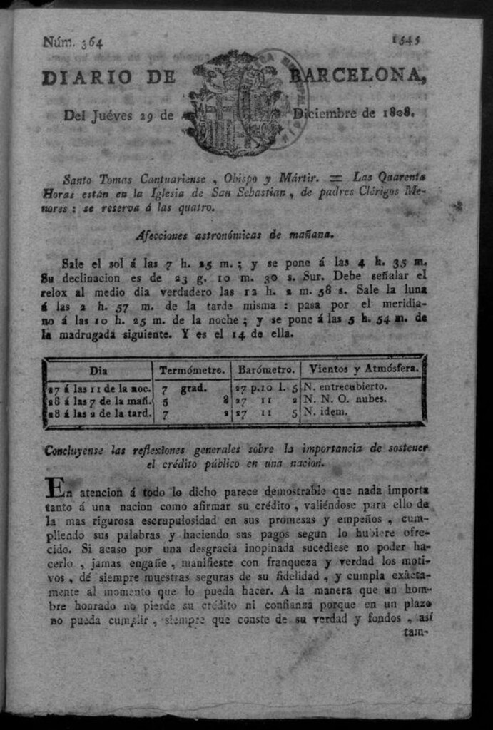 Miniatura de Diario de Barcelona del jueves 29 de diciembre de 1808
