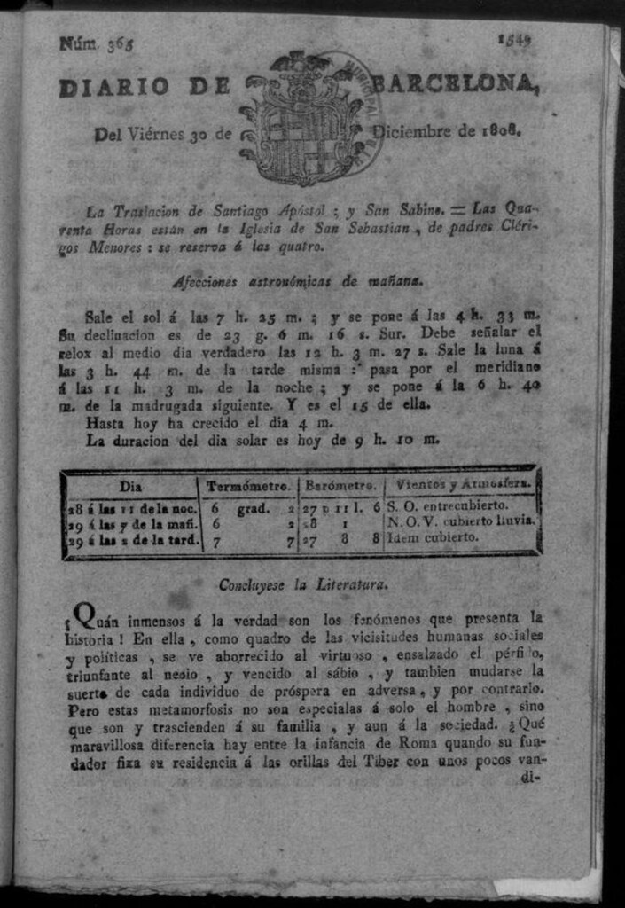 Miniatura de Diario de Barcelona del viernes 30 de diciembre de 1808