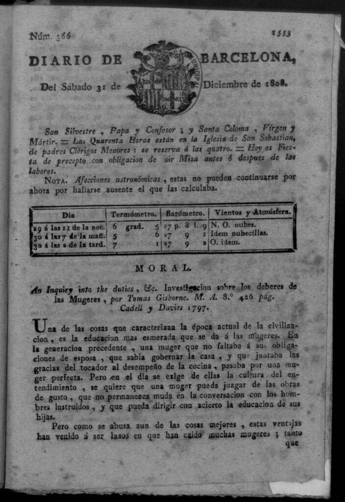 Miniatura de Diario de Barcelona del sábado 31 de diciembre de 1808