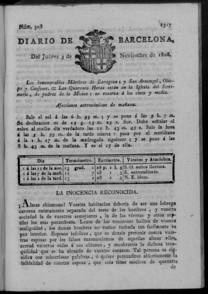 Miniatura de Diario de Barcelona del jueves 3 de noviembre de 1808