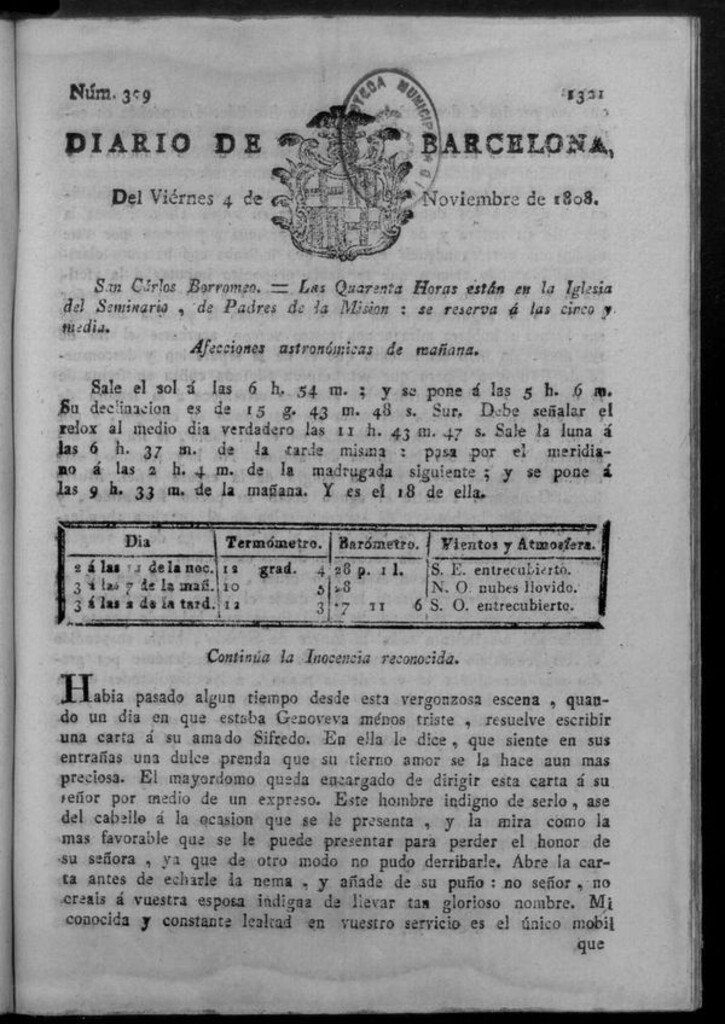 Miniatura de Diario de Barcelona del viernes 4 de noviembre de 1808