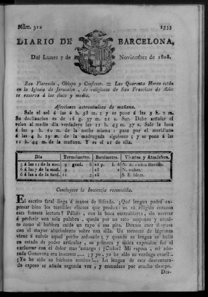 Miniatura de Diario de Barcelona del lunes 7 de noviembre de 1808