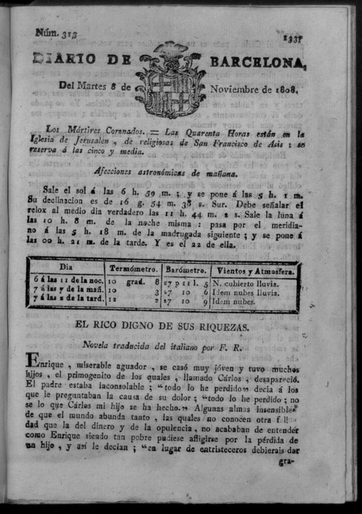 Miniatura de Diario de Barcelona del martes 8 de noviembre de 1808