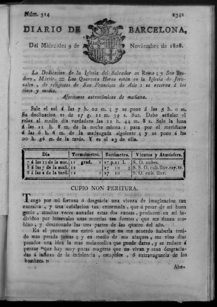 Miniatura de Diario de Barcelona del miércoles 9 de noviembre de 1808