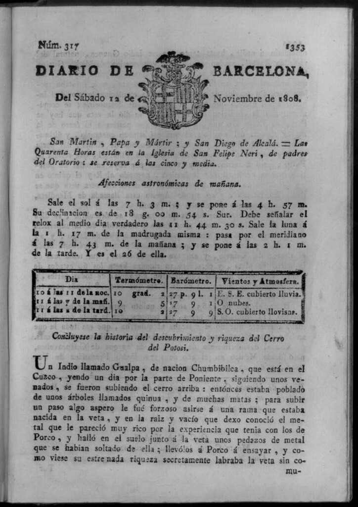 Miniatura de Diario de Barcelona del sábado 12 de noviembre de 1808