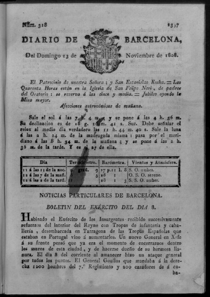 Miniatura de Diario de Barcelona del domingo 13 de noviembre de 1808