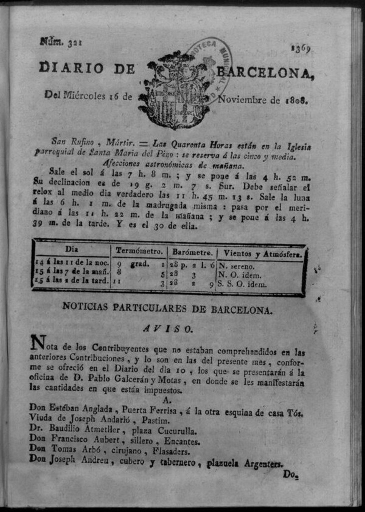 Miniatura de Diario de Barcelona del miércoles 16 de noviembre de 1808