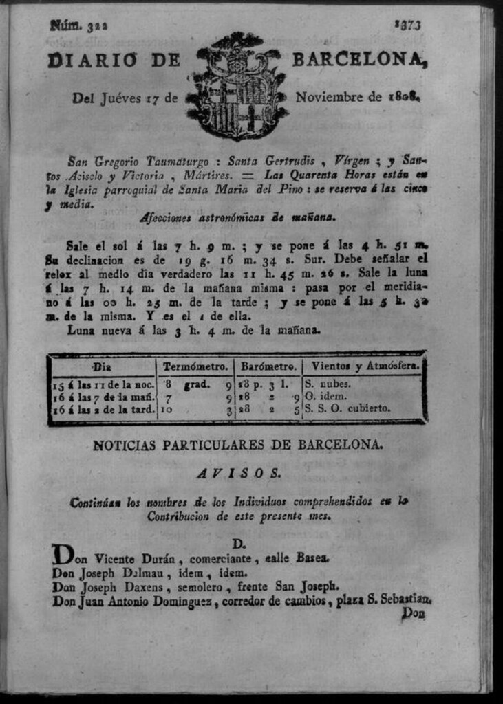 Miniatura de Diario de Barcelona del jueves 17 de noviembre de 1808