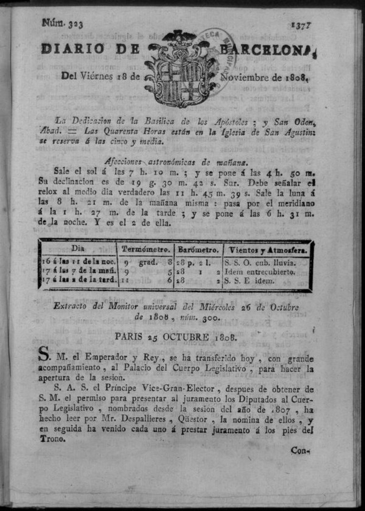Miniatura de Diario de Barcelona del viernes 18 de noviembre de 1808