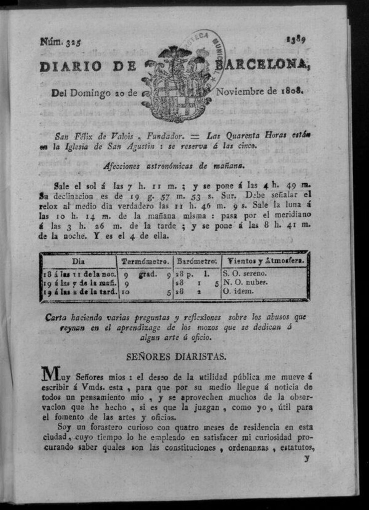 Miniatura de Diario de Barcelona del domingo 20 de noviembre de 1808