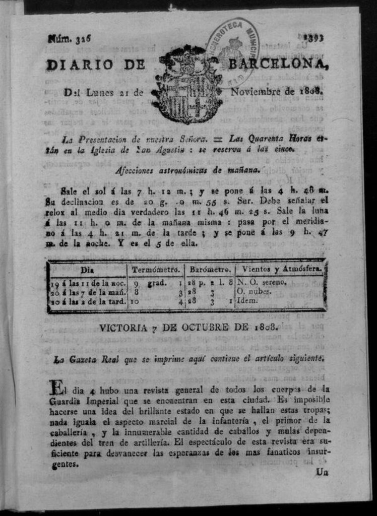 Miniatura de Diario de Barcelona del lunes 21 de noviembre de 1808