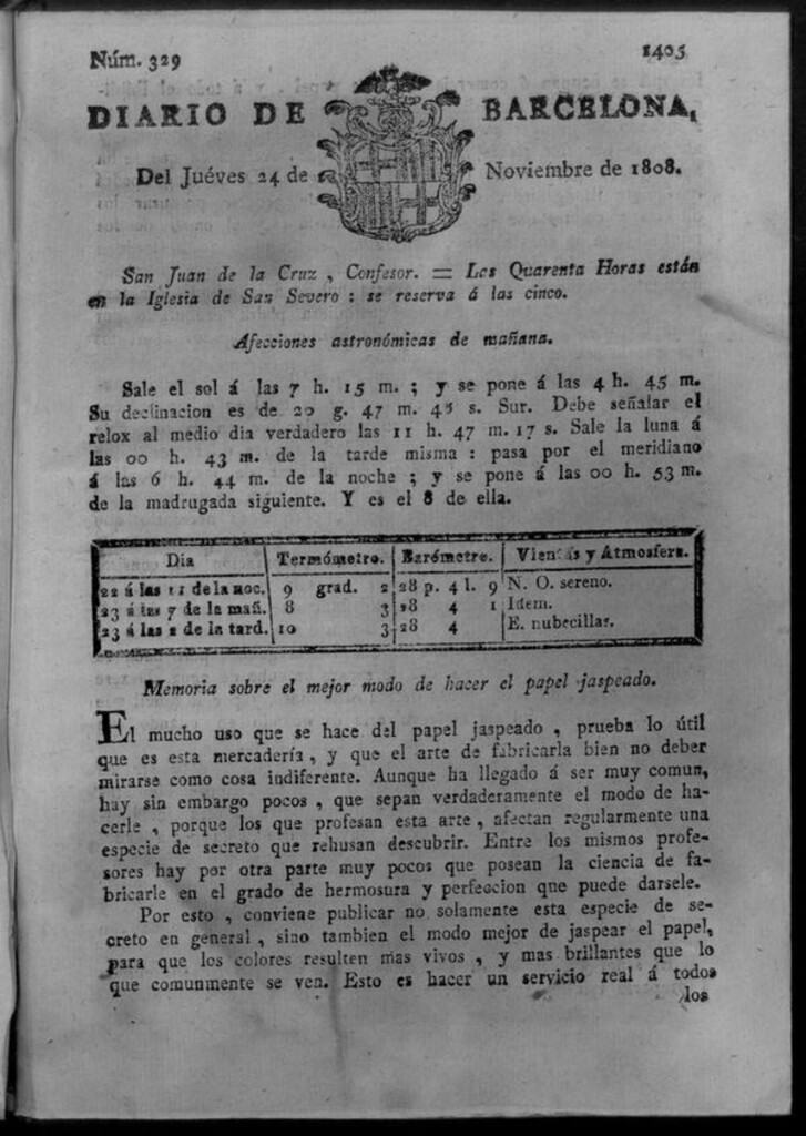 Miniatura de Diario de Barcelona del jueves 24 de noviembre de 1808