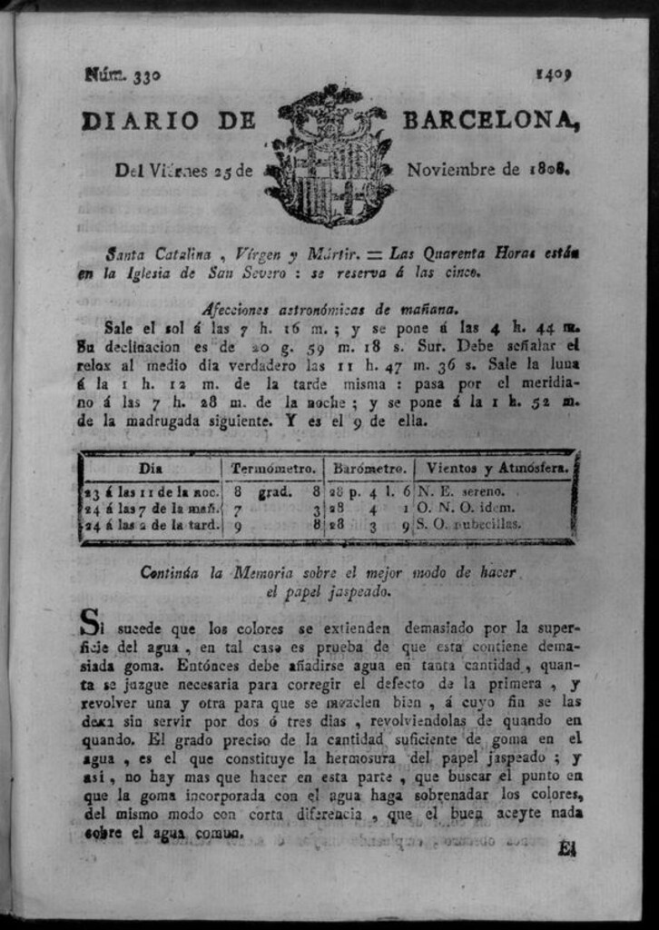 Miniatura de Diario de Barcelona del viernes 25 de noviembre de 1808