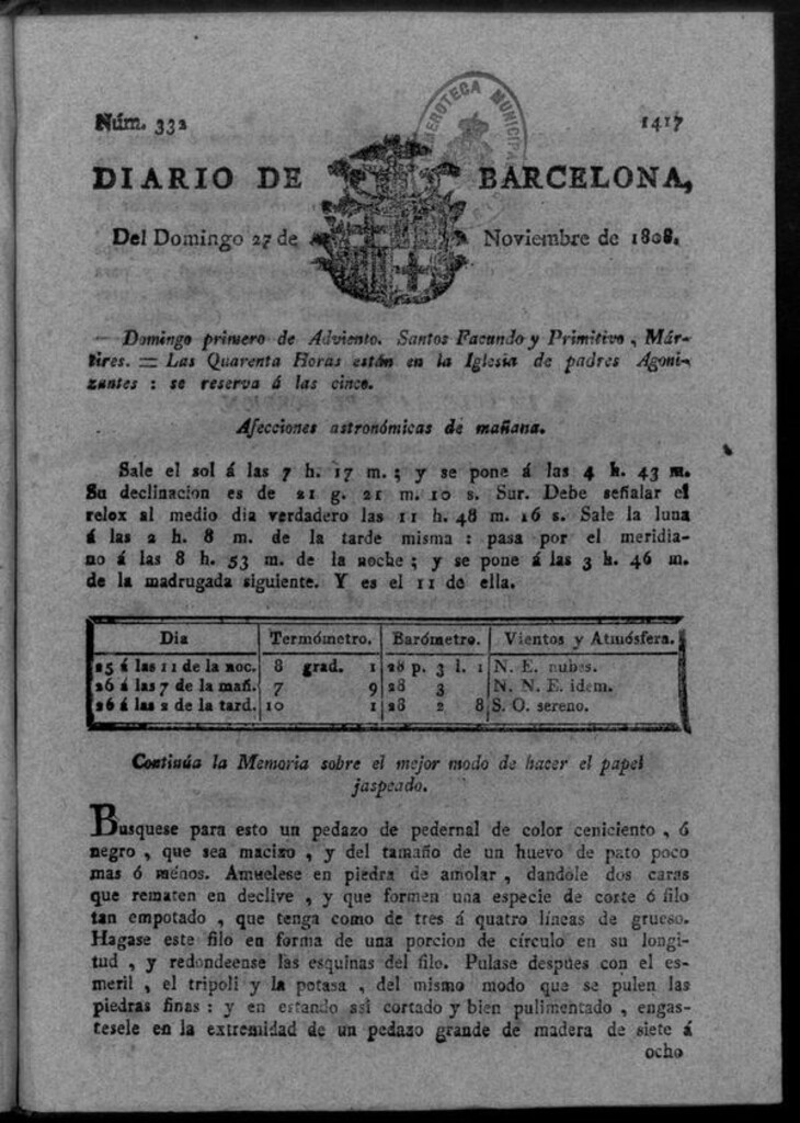 Miniatura de Diario de Barcelona del domingo 27 de noviembre de 1808