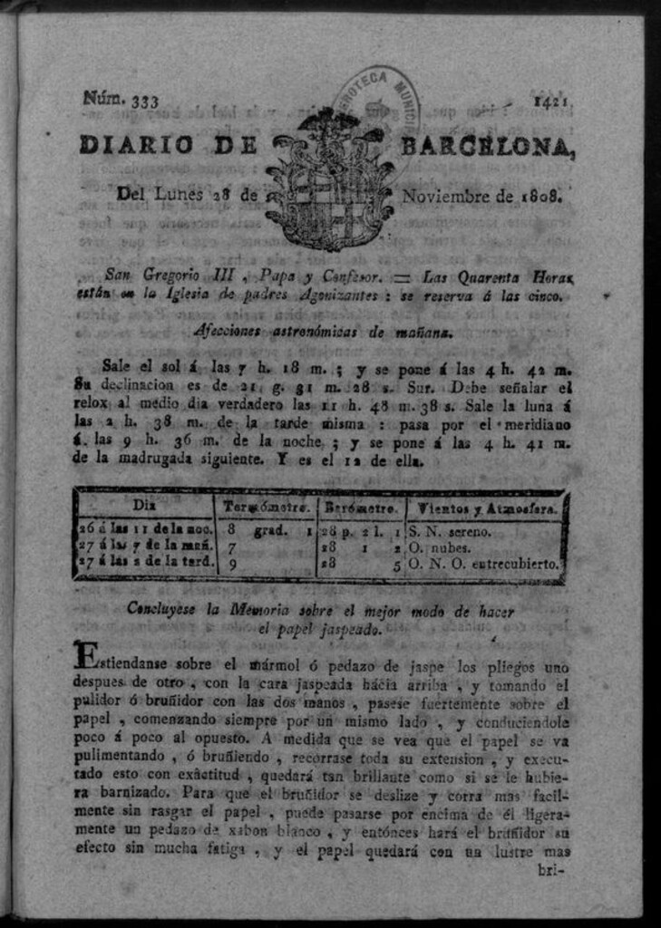 Miniatura de Diario de Barcelona del lunes 28 de noviembre de 1808