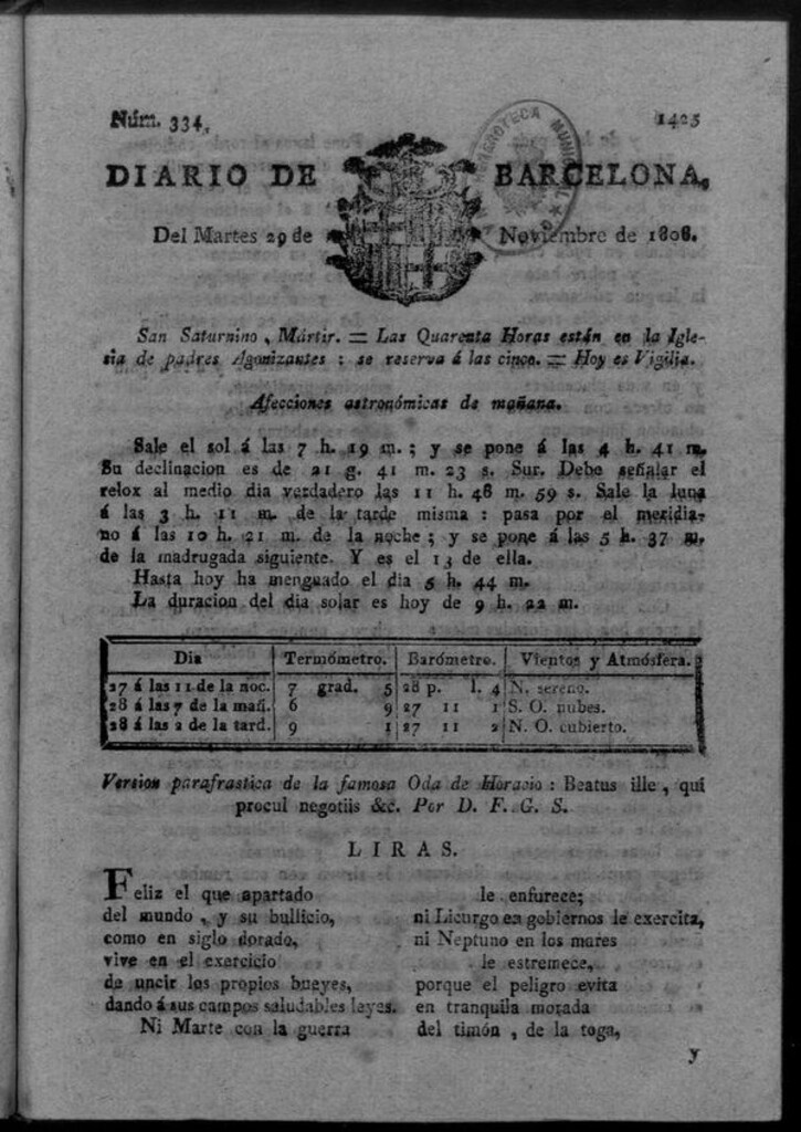 Miniatura de Diario de Barcelona del martes 29 de noviembre de 1808