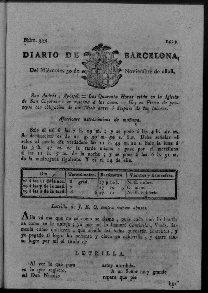 Miniatura de Diario de Barcelona del miércoles 30 de noviembre de 1808