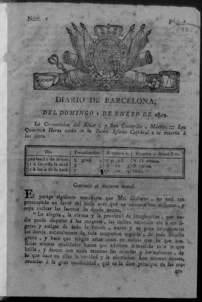 Miniatura de Diario de Barcelona del domingo 1 de enero de 1809