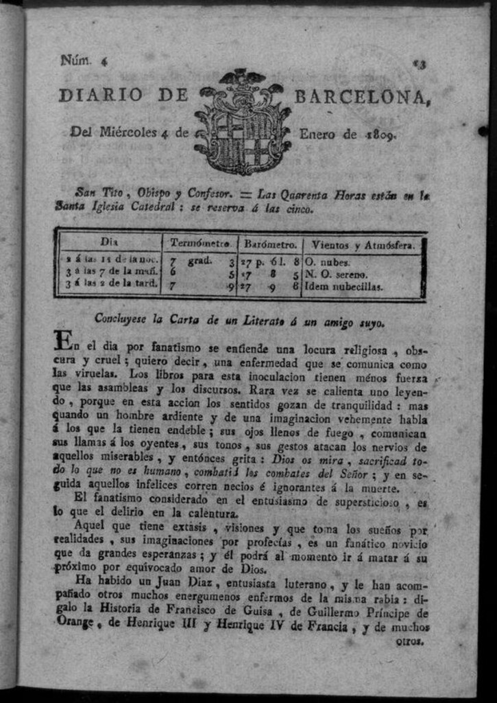 Miniatura de Diario de Barcelona del miércoles 4 de enero de 1809