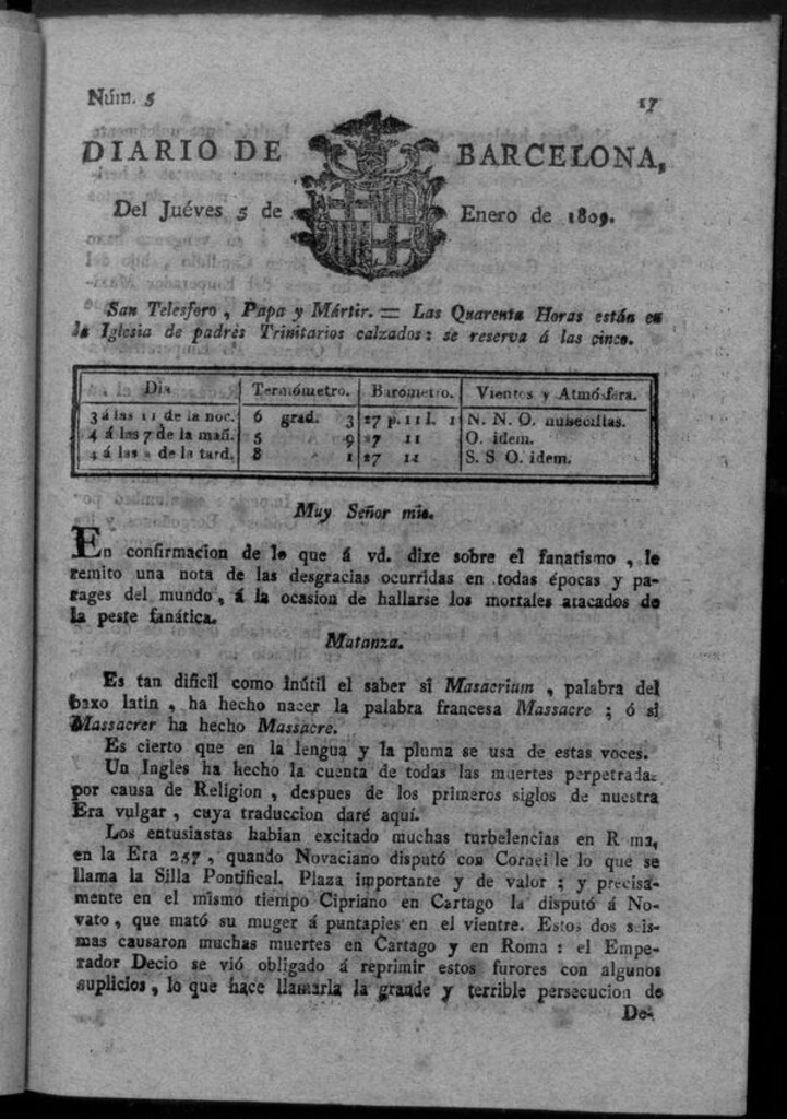 Miniatura de Diario de Barcelona del jueves 5 de enero de 1809
