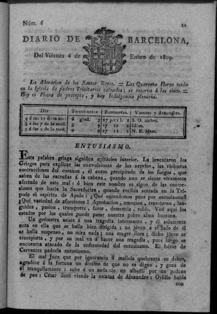 Miniatura de Diario de Barcelona del viernes 6 de enero de 1809