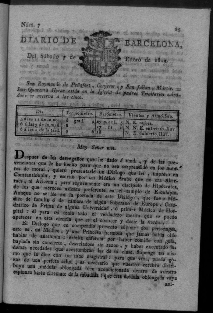 Miniatura de Diario de Barcelona del sábado 7 de enero de 1809