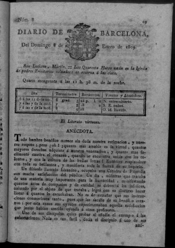Miniatura de Diario de Barcelona del domingo 8 de enero de 1809