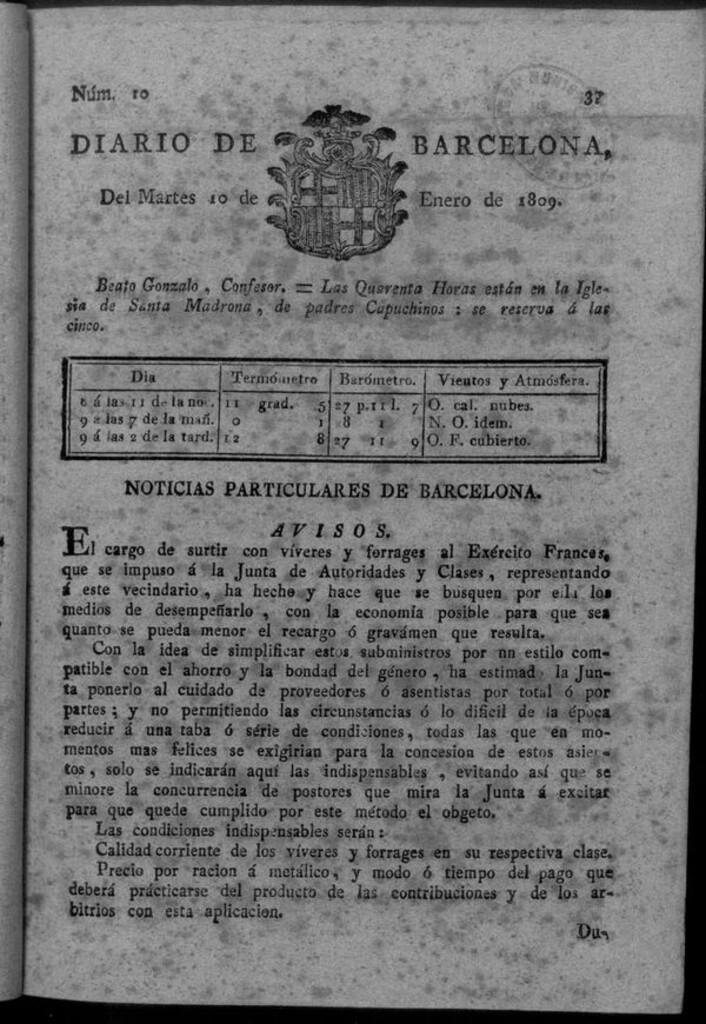 Miniatura de Diario de Barcelona del martes 10 de enero de 1809