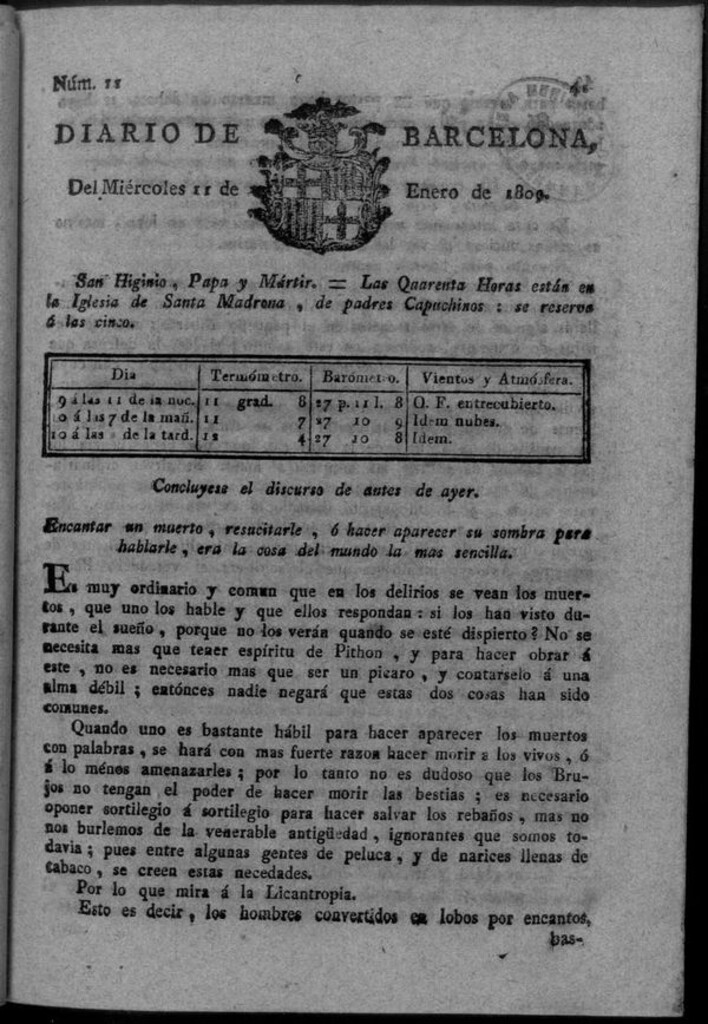 Miniatura de Diario de Barcelona del miércoles 11 de enero de 1809