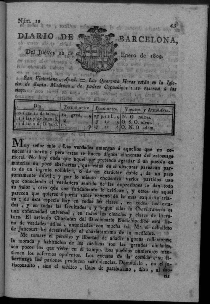 Miniatura de Diario de Barcelona del jueves 12 de enero de 1809