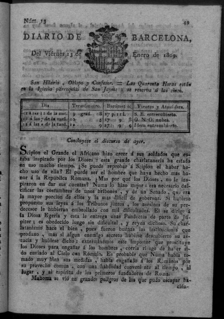 Miniatura de Diario de Barcelona del viernes 13 de enero de 1809