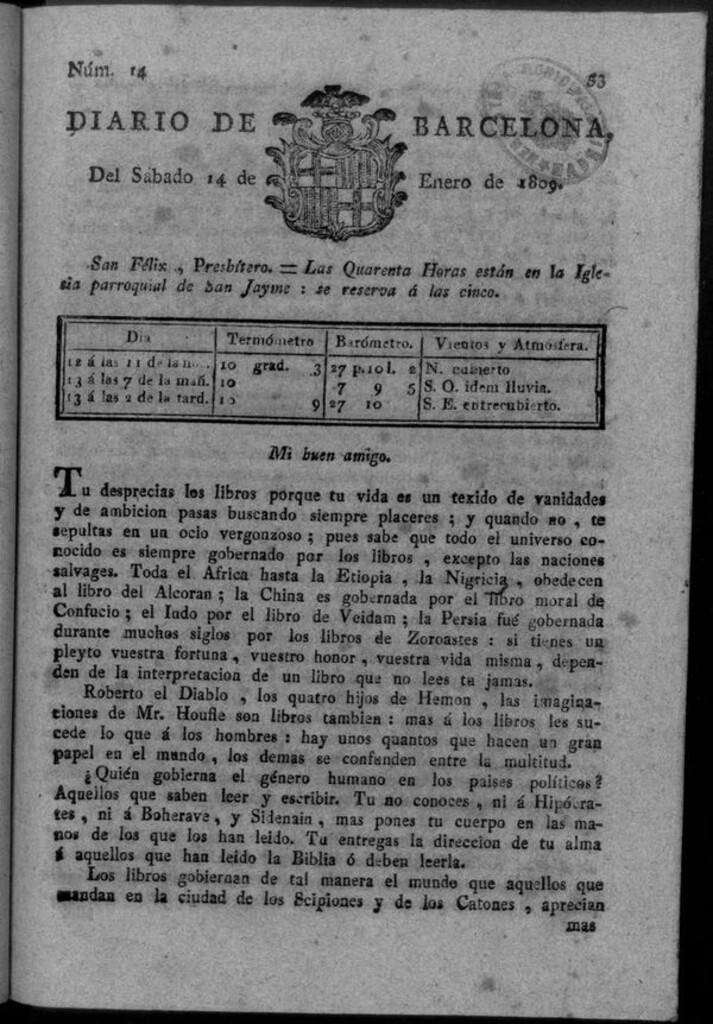 Miniatura de Diario de Barcelona del sábado 14 de enero de 1809