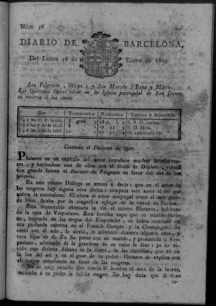 Miniatura de Diario de Barcelona del lunes 16 de enero de 1809