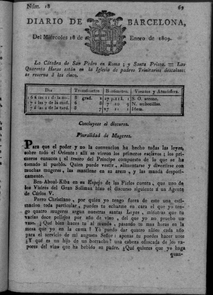 Miniatura de Diario de Barcelona del miércoles 18 de enero de 1809