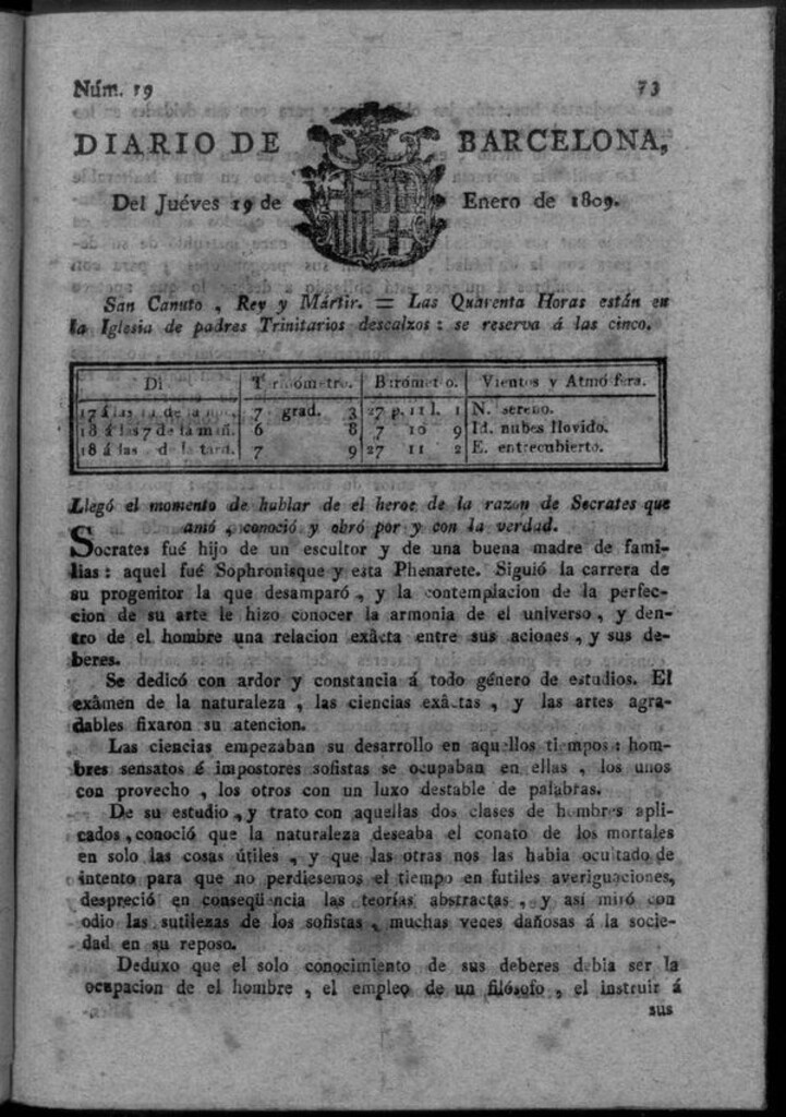 Miniatura de Diario de Barcelona del jueves 19 de enero de 1809