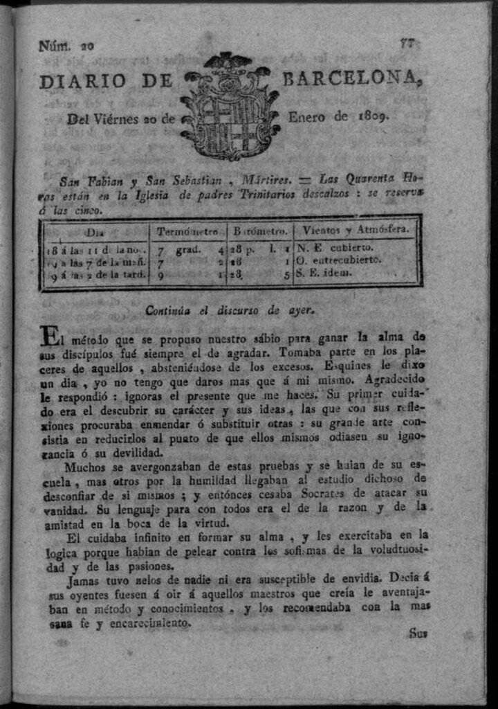 Miniatura de Diario de Barcelona del viernes 20 de enero de 1809