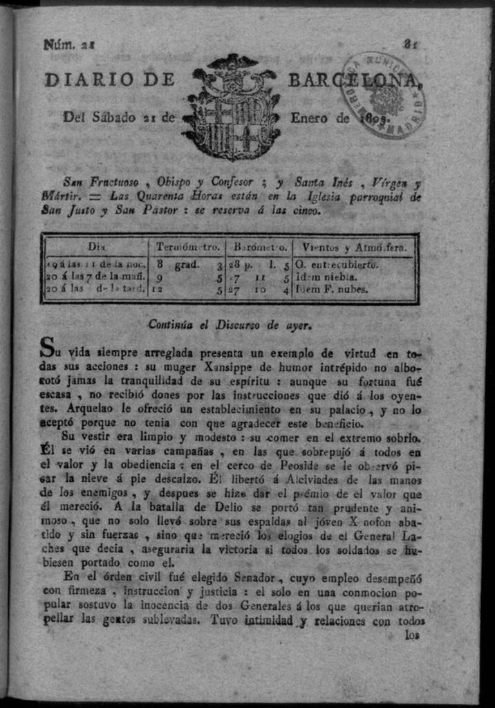 Miniatura de Diario de Barcelona del sábado 21 de enero de 1809