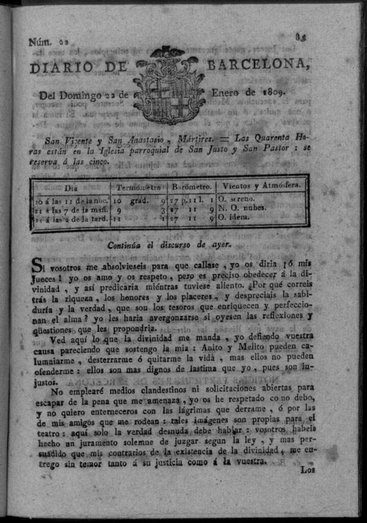 Miniatura de Diario de Barcelona del domingo 22 de enero de 1809
