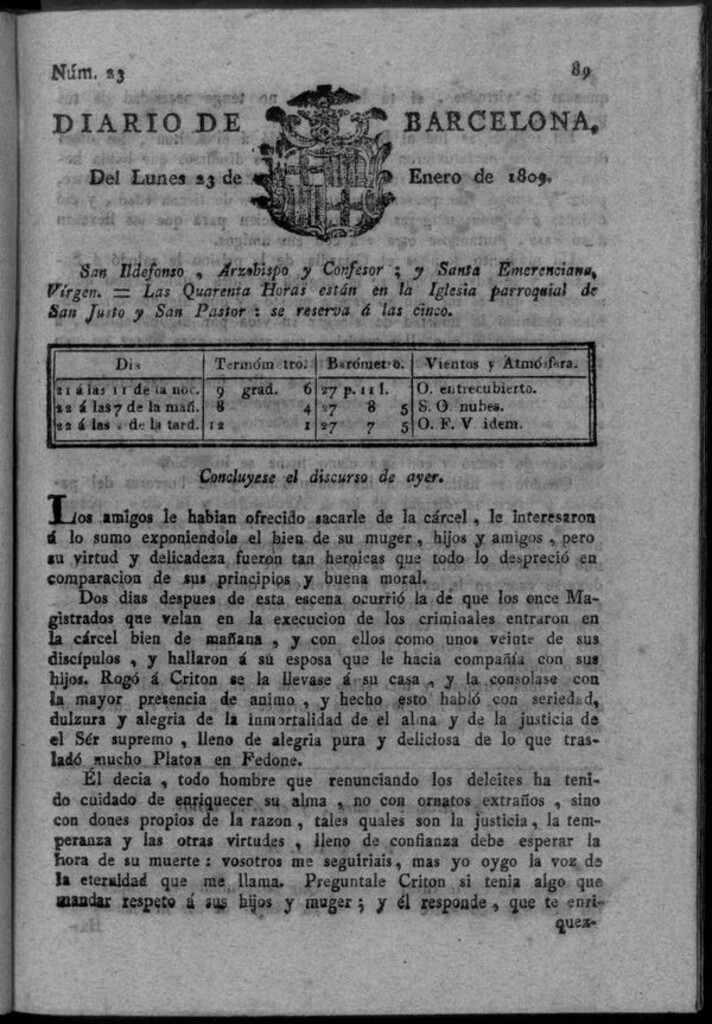 Miniatura de Diario de Barcelona del lunes 23 de enero de 1809